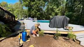Finishing the Landscaping Around Our Pool. Digging Sod, Planting Grass and Spreading a Rock Pathway
